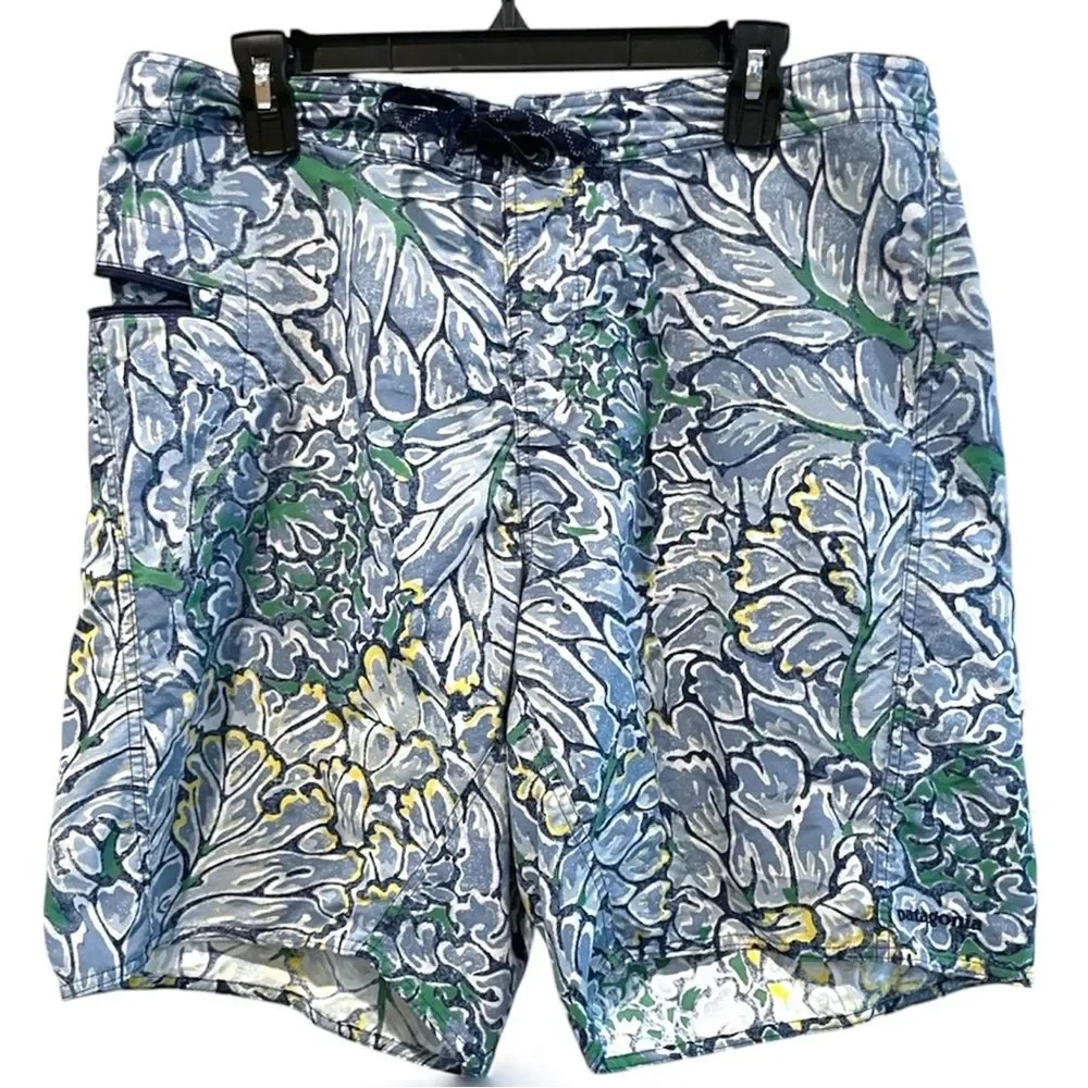 Patagonia Board Shorts With Zip Pocket Blue Green Tropical Leaf Size 36